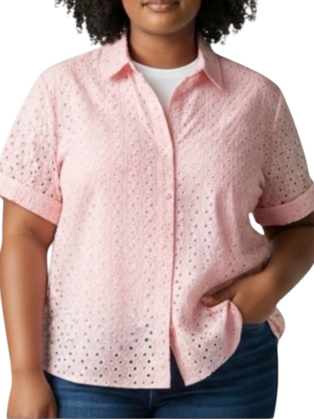NEW YORK & CO Pink Eyelet Button-down Cotton Blend Blouse Size Large-- Worn 2X